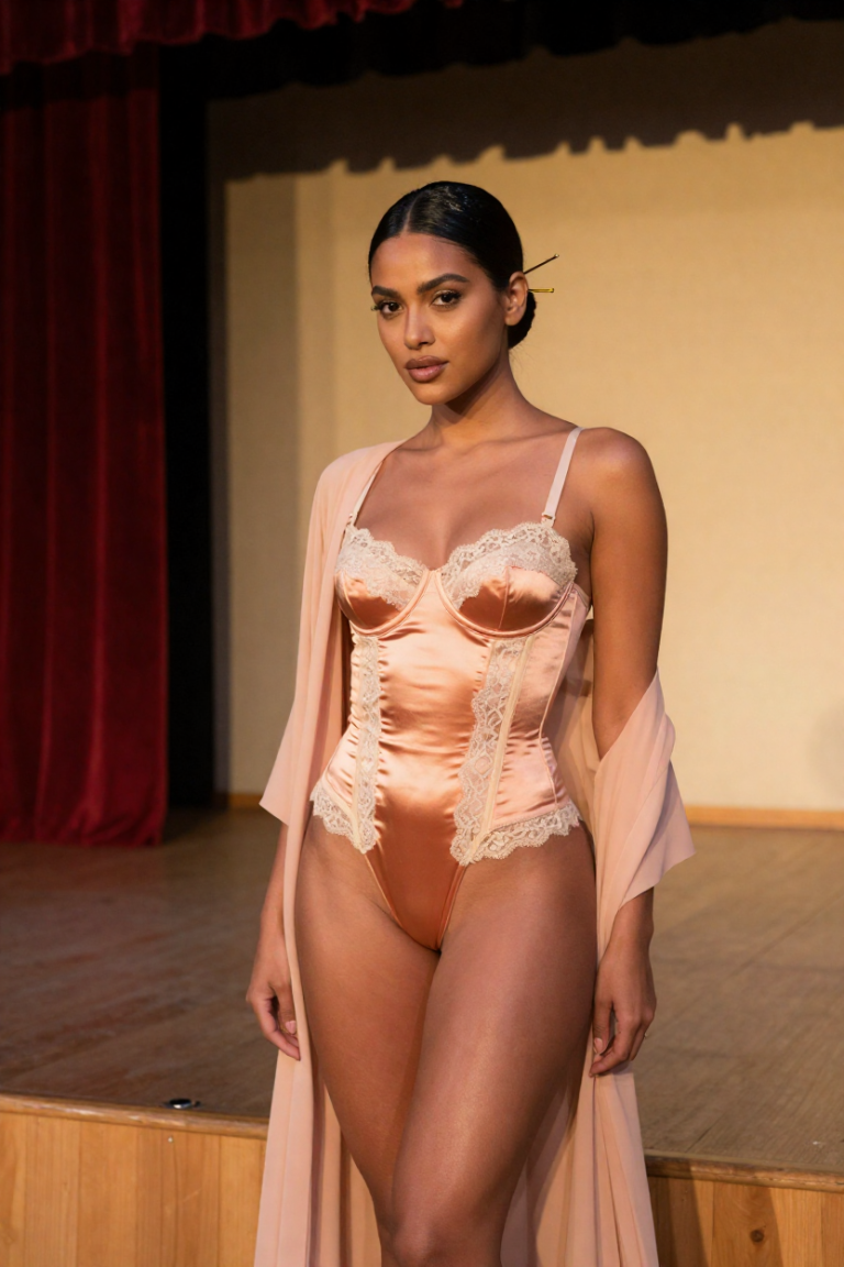 Fictional 28-year-old woman in an apricot satin corset on the plain wooden stage of the encore room